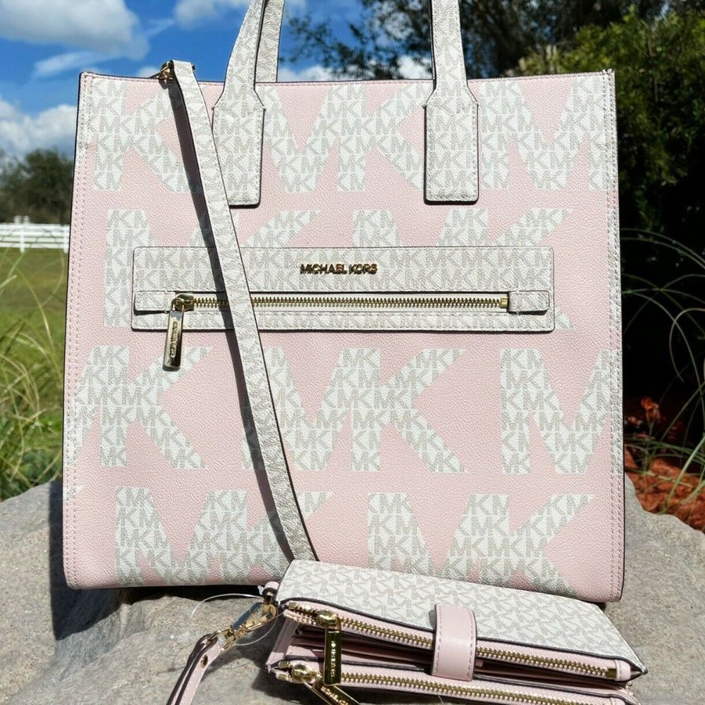 Michael Kors Kenly XL Tote Graphic Logo Vanilla MK Pink + Double Zip Wristlet - Picture 9 of 10
